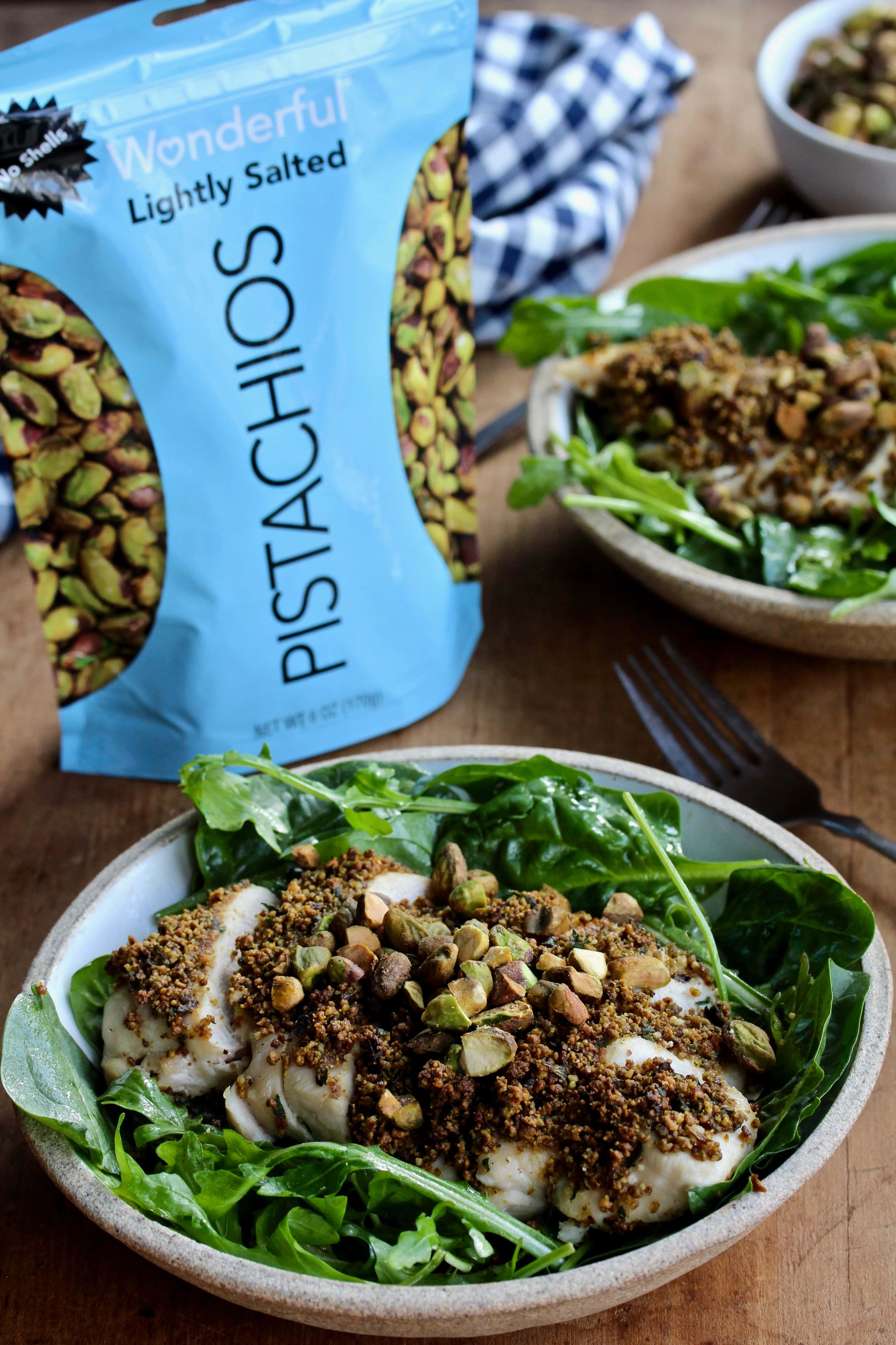 Wonderful Pistachios Roasted Herb Chicken with Lemon Baby Greens image